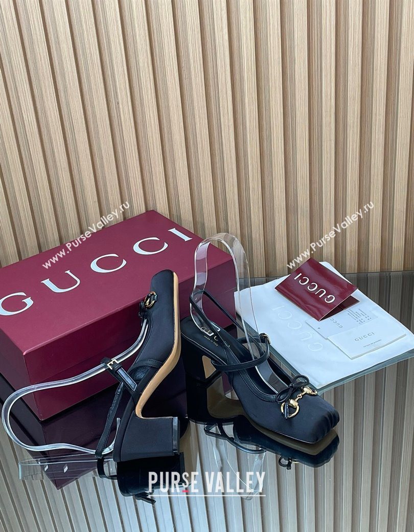 Gucci Horsebit Slingback Pumps 6.5cm in Satin Black 2025 850327 (SS-251218023)
