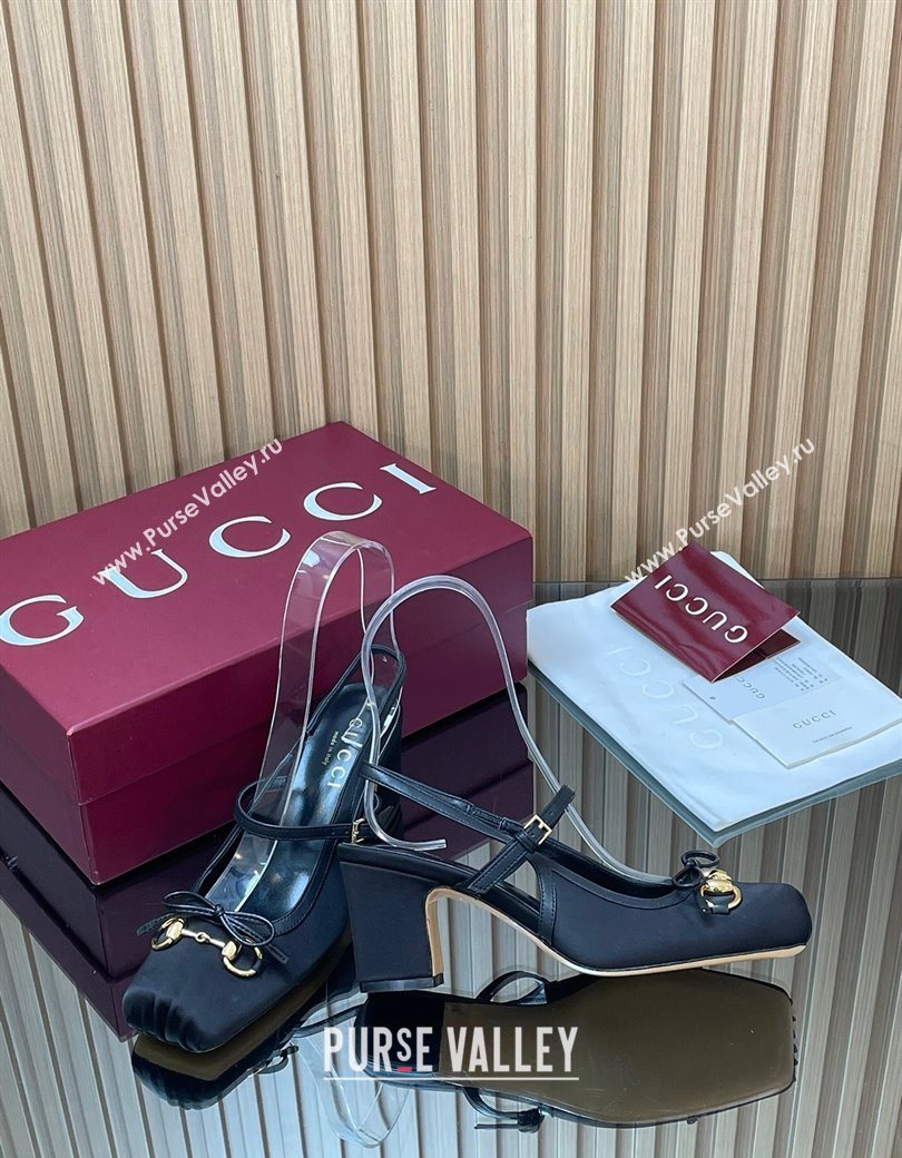 Gucci Horsebit Slingback Pumps 6.5cm in Satin Black 2025 850327 (SS-251218023)