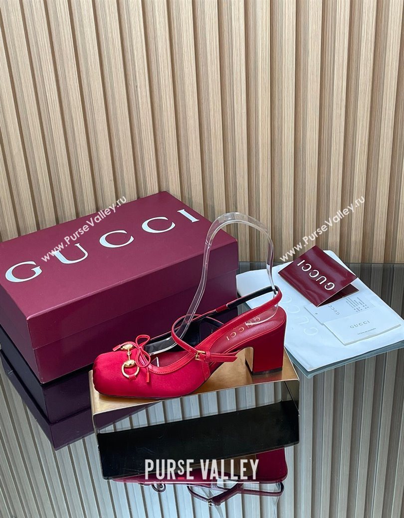 Gucci Horsebit Slingback Pumps 6.5cm in Satin Red 2025 850327 (SS-251218024)