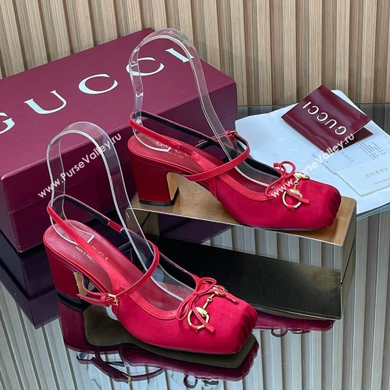 Gucci Horsebit Slingback Pumps 6.5cm in Satin Red 2025 850327 (SS-251218024)