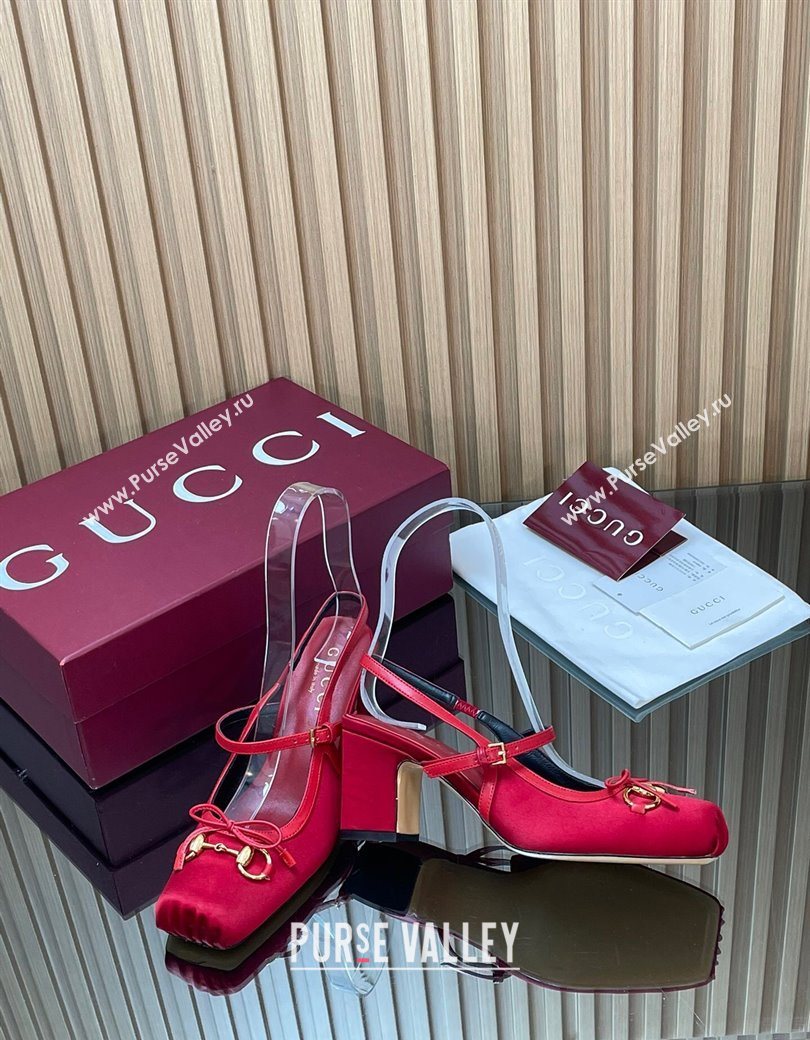 Gucci Horsebit Slingback Pumps 6.5cm in Satin Red 2025 850327 (SS-251218024)