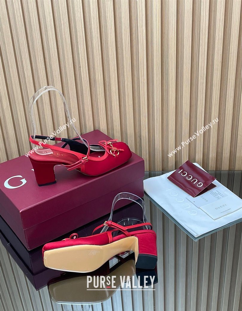 Gucci Horsebit Slingback Pumps 6.5cm in Satin Red 2025 850327 (SS-251218024)