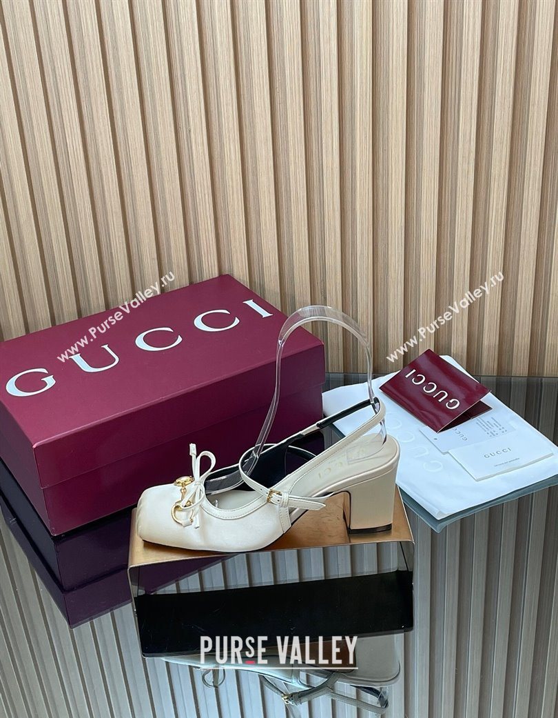 Gucci Horsebit Slingback Pumps 6.5cm in Satin White 2025 850327 (SS-251218026)