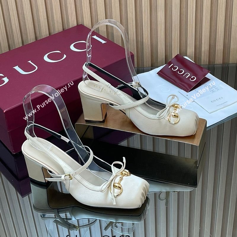 Gucci Horsebit Slingback Pumps 6.5cm in Satin White 2025 850327 (SS-251218026)
