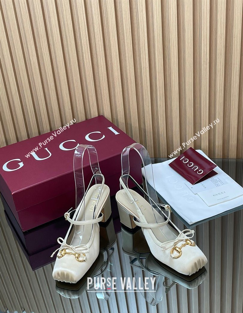 Gucci Horsebit Slingback Pumps 6.5cm in Satin White 2025 850327 (SS-251218026)