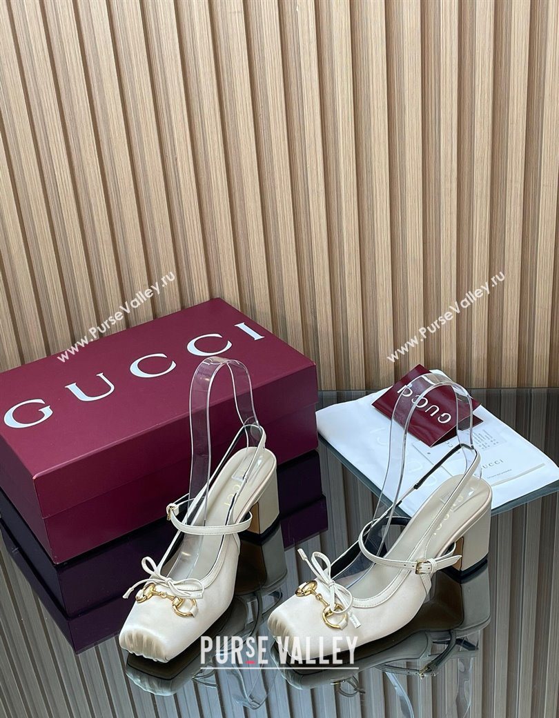 Gucci Horsebit Slingback Pumps 6.5cm in Satin White 2025 850327 (SS-251218026)