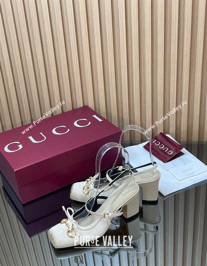 Gucci Horsebit Slingback Pumps 6.5cm in Satin White 2025 850327 (SS-251218026)