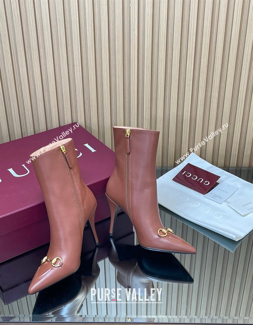 Gucci Leather Heel Ankle Boots 10cm with Horsebit Brown 2025 835741 (MD-251217119)