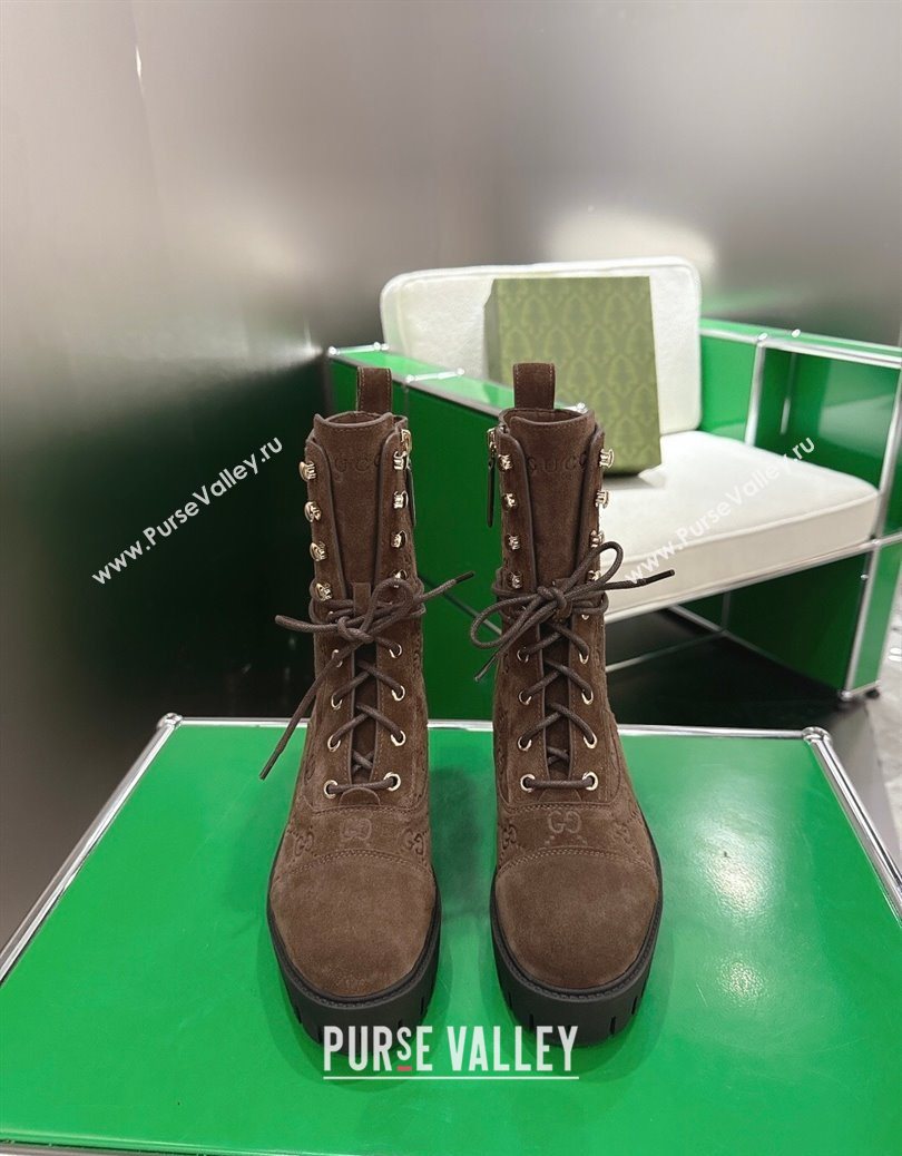 Gucci GG Suede Lace-up Platform Ankle Boots 6cm Dark Brown 2025 840739 (MD-251218015)