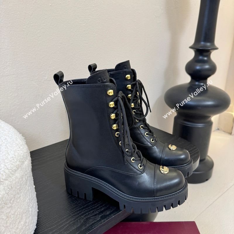 Gucci Calf Leather Lace-up Ankle Boots 6cm with GG Charm Black 2025 836050 (MD-251218010)