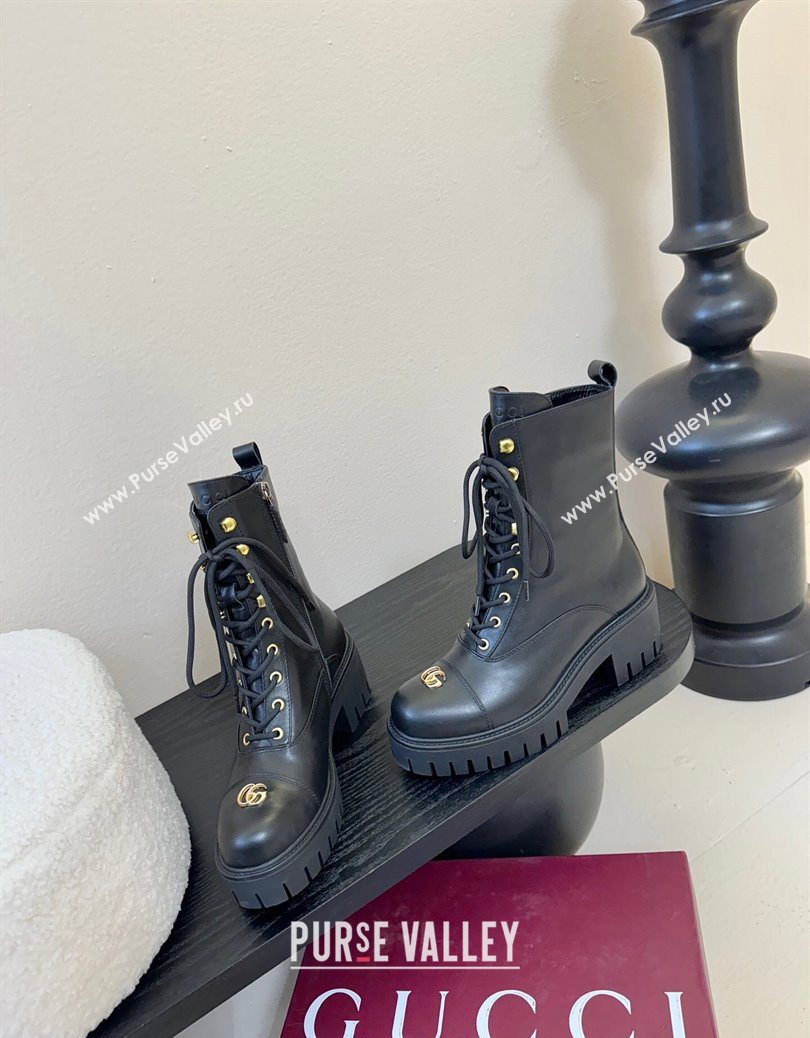 Gucci Calf Leather Lace-up Ankle Boots 6cm with GG Charm Black 2025 836050 (MD-251218010)