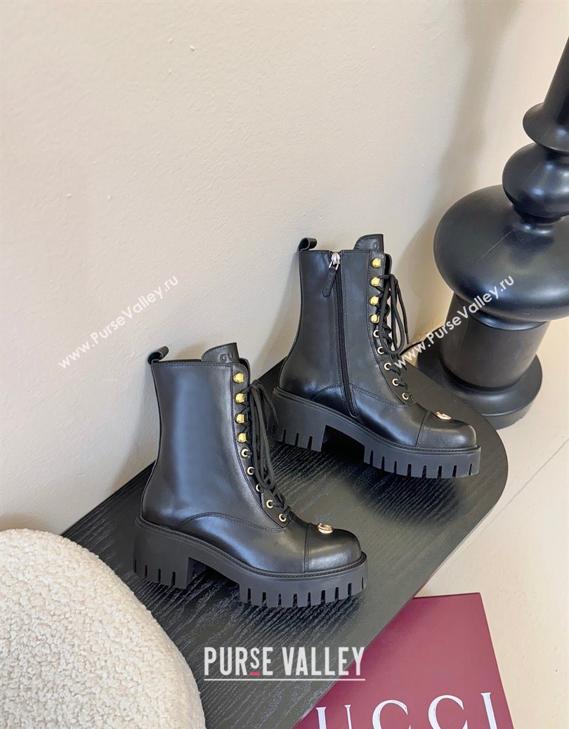 Gucci Calf Leather Lace-up Ankle Boots 6cm with GG Charm Black 2025 836050 (MD-251218010)