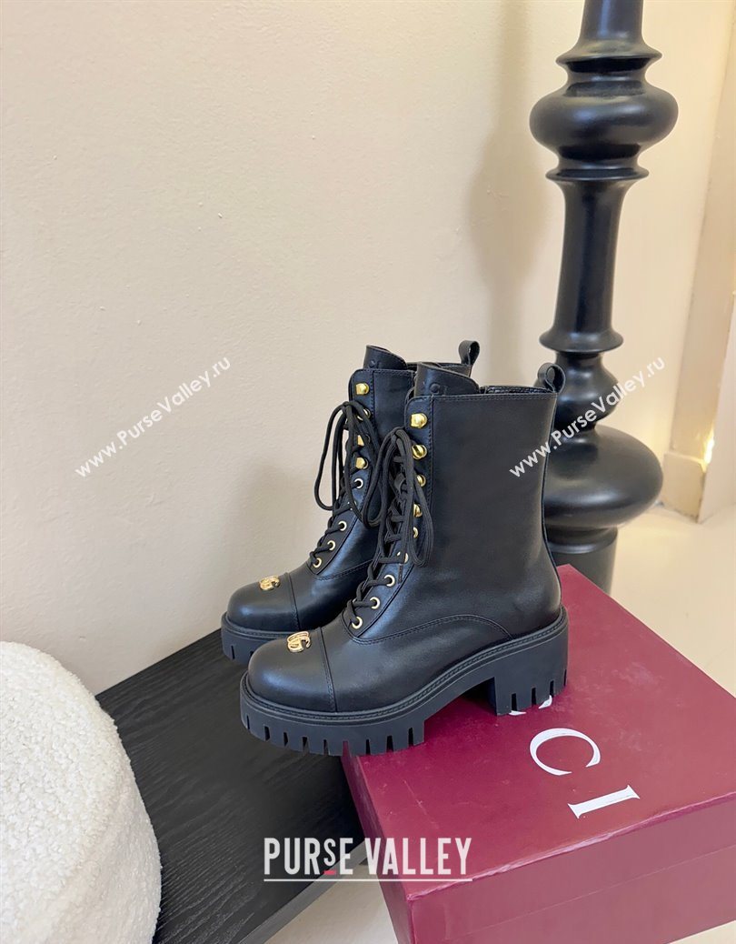 Gucci Calf Leather Lace-up Ankle Boots 6cm with GG Charm Black 2025 836050 (MD-251218010)