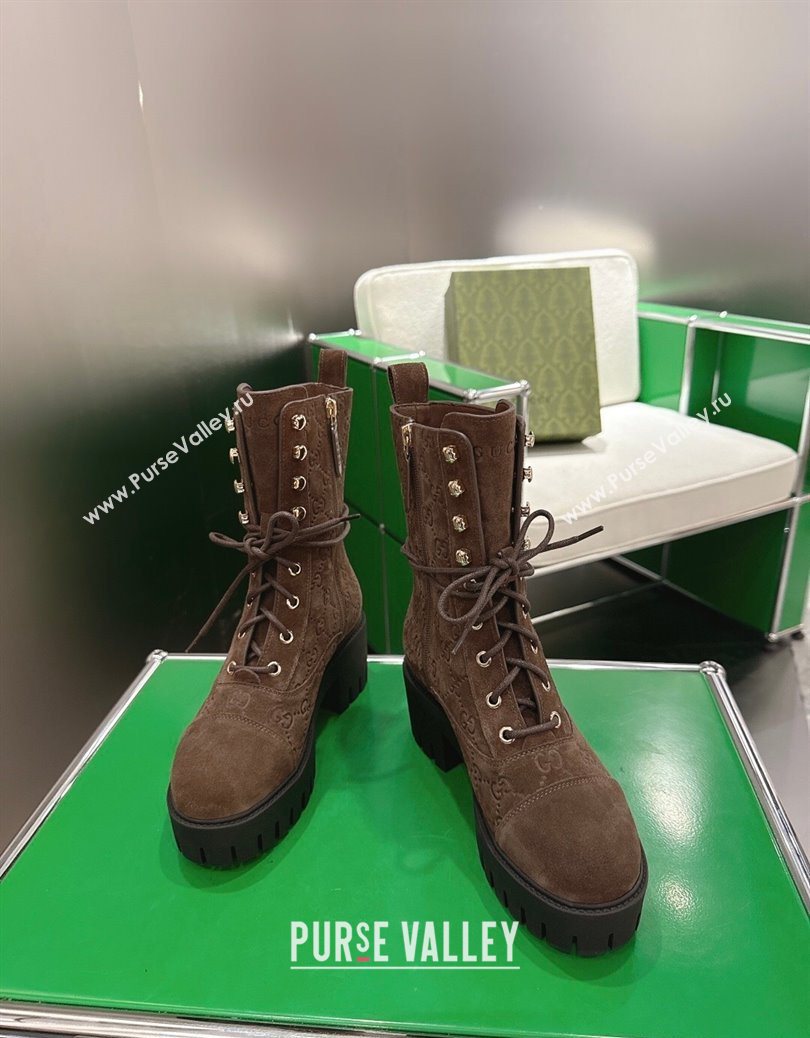 Gucci GG Suede Lace-up Platform Ankle Boots 6cm Dark Brown 2025 840739 (MD-251218015)