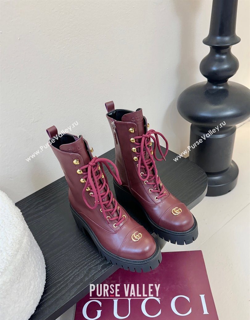Gucci Calf Leather Lace-up Ankle Boots 6cm with GG Charm Red 2025 836050 (MD-251218012)