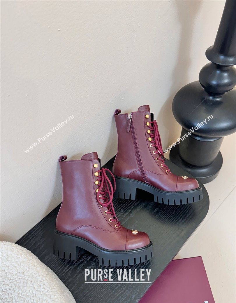 Gucci Calf Leather Lace-up Ankle Boots 6cm with GG Charm Red 2025 836050 (MD-251218012)
