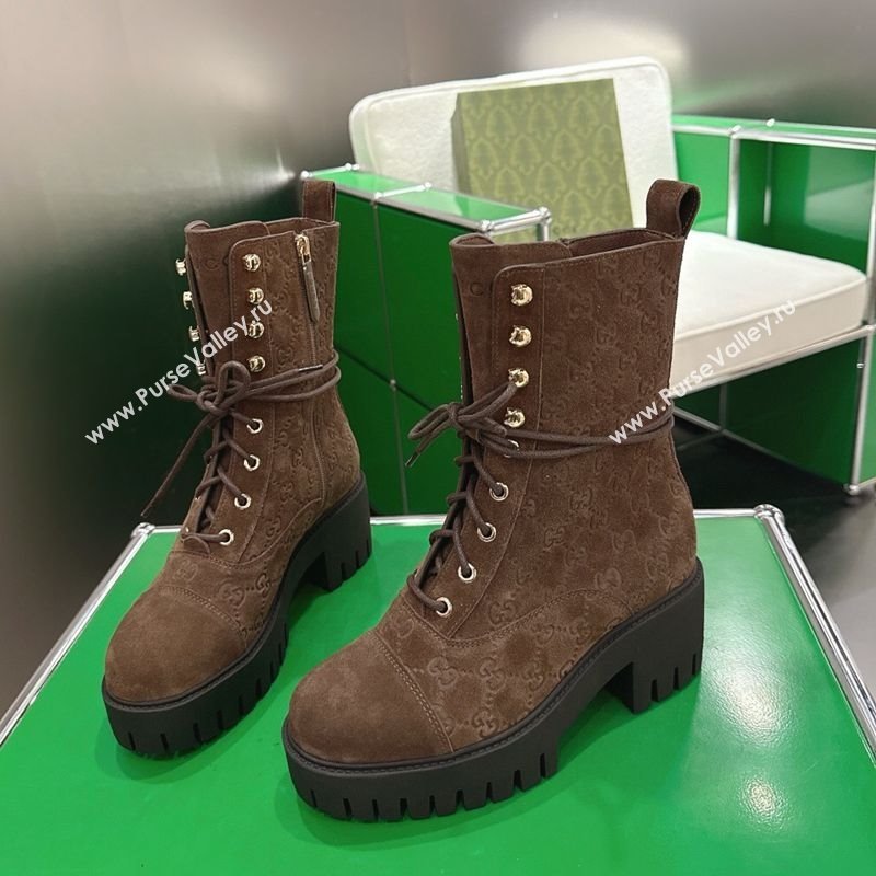 Gucci GG Suede Lace-up Platform Ankle Boots 6cm Dark Brown 2025 840739 (MD-251218015)