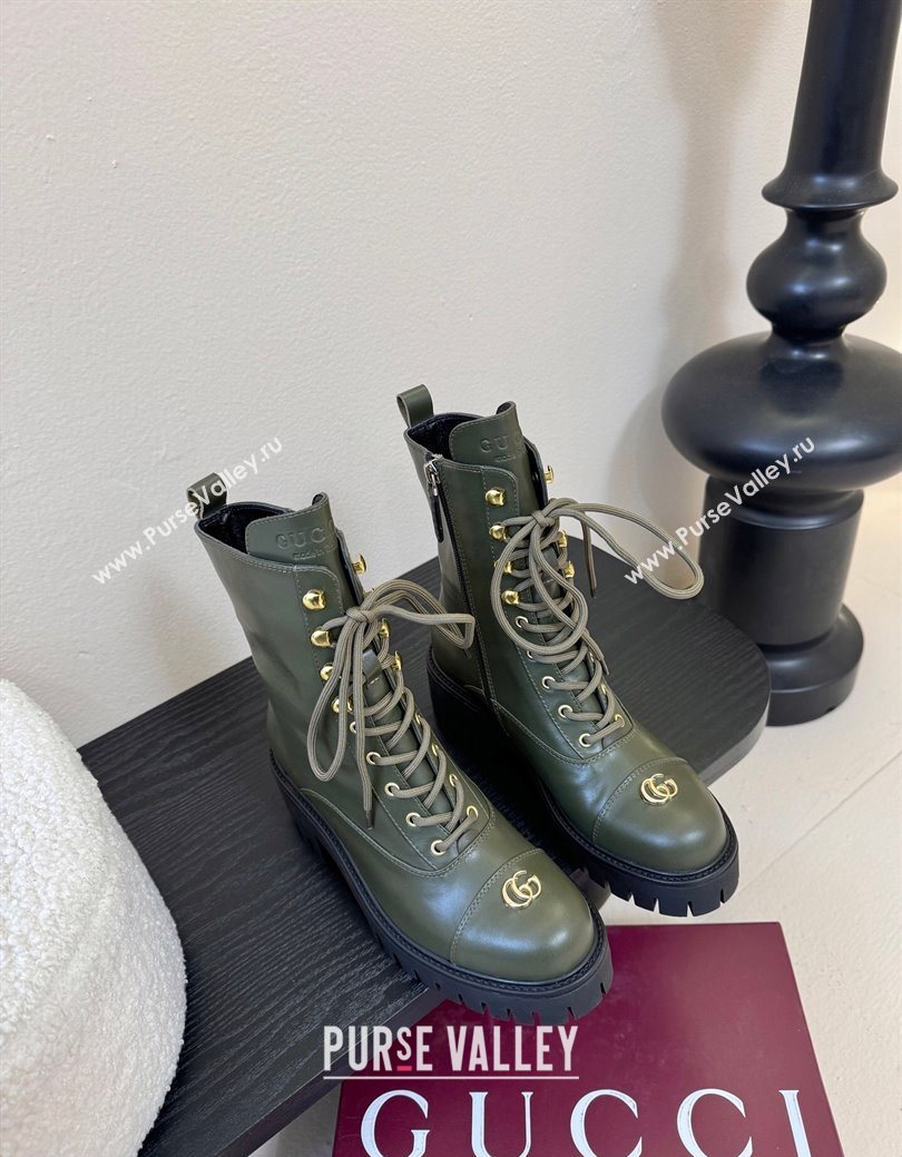Gucci Calf Leather Lace-up Ankle Boots 6cm with GG Charm Green 2025 836050 (MD-251218013)