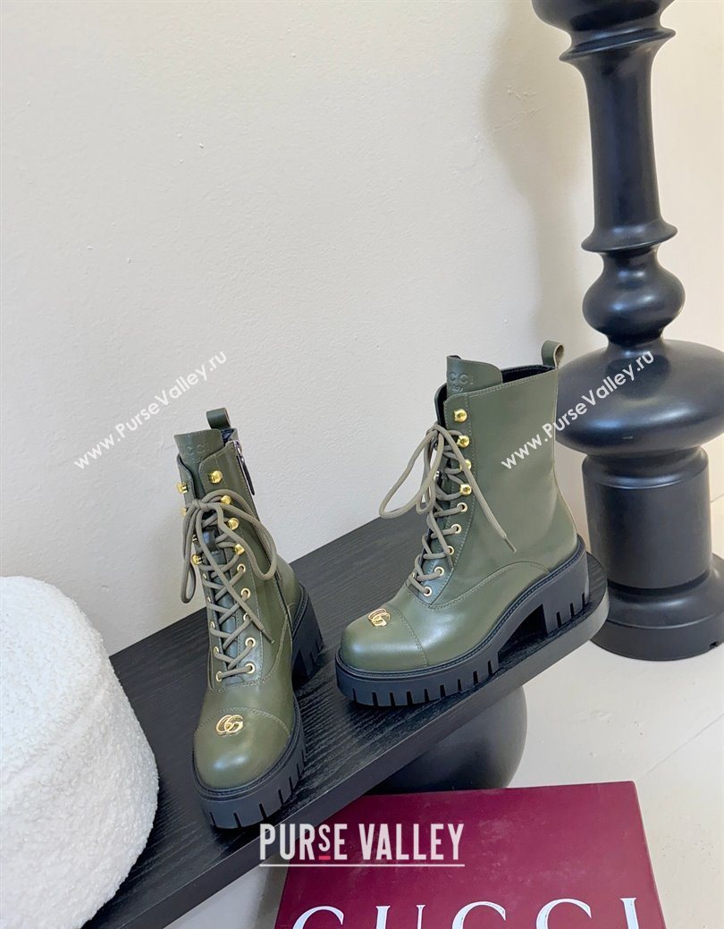 Gucci Calf Leather Lace-up Ankle Boots 6cm with GG Charm Green 2025 836050 (MD-251218013)
