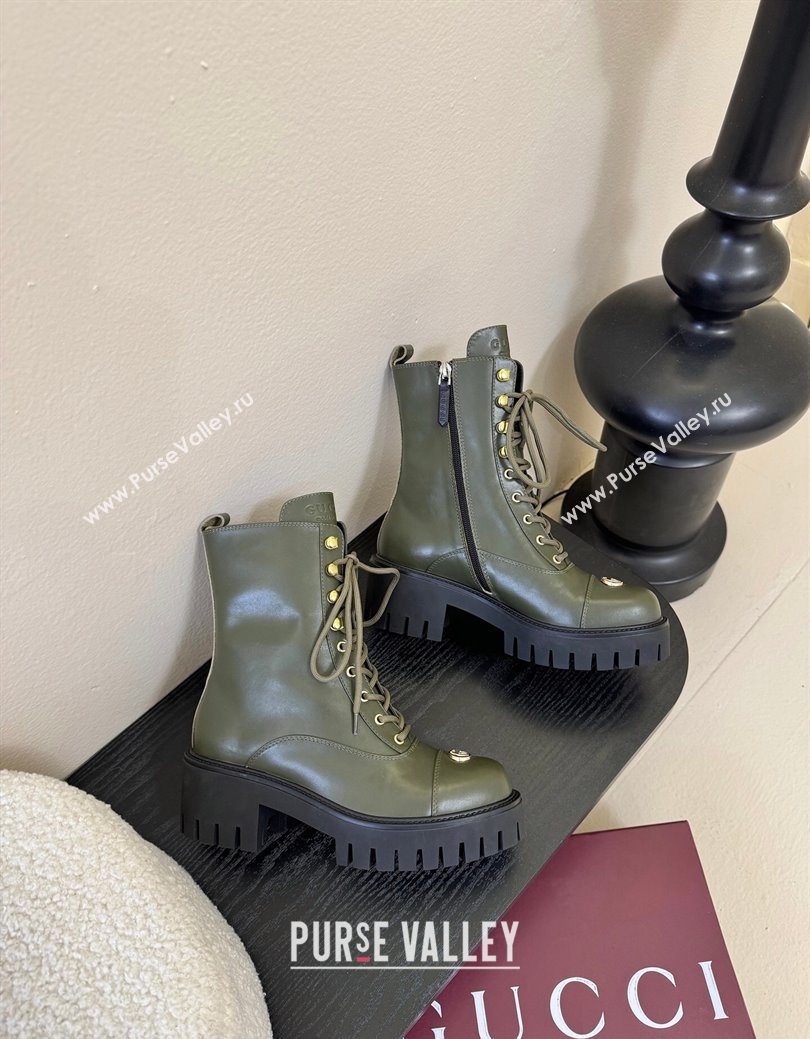 Gucci Calf Leather Lace-up Ankle Boots 6cm with GG Charm Green 2025 836050 (MD-251218013)