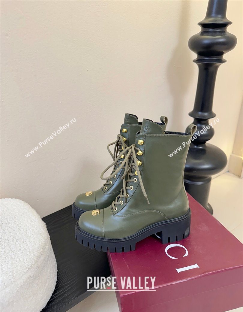 Gucci Calf Leather Lace-up Ankle Boots 6cm with GG Charm Green 2025 836050 (MD-251218013)