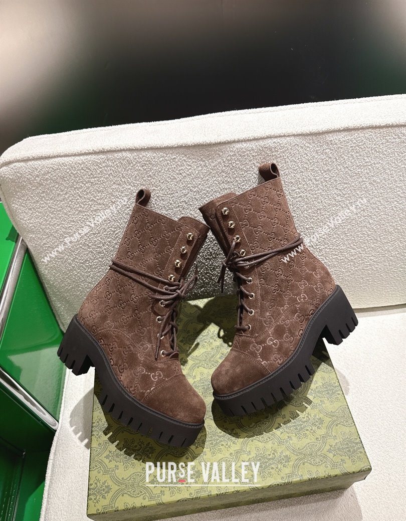 Gucci GG Suede Lace-up Platform Ankle Boots 6cm Dark Brown 2025 840739 (MD-251218015)