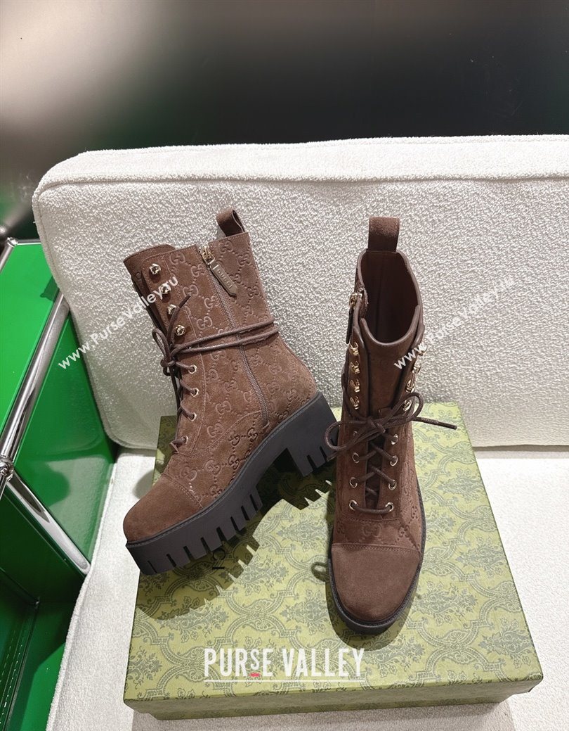 Gucci GG Suede Lace-up Platform Ankle Boots 6cm Dark Brown 2025 840739 (MD-251218015)