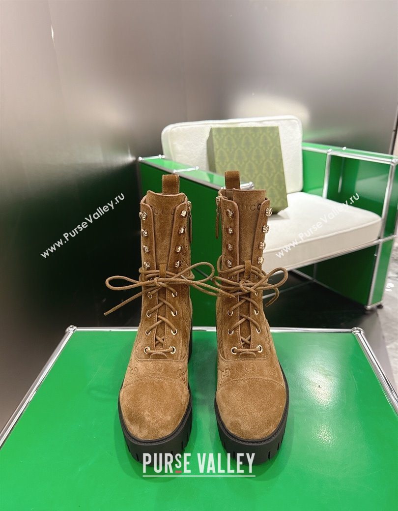 Gucci GG Suede Lace-up Platform Ankle Boots 6cm Light Brown 2025 840739 (MD-251218016)