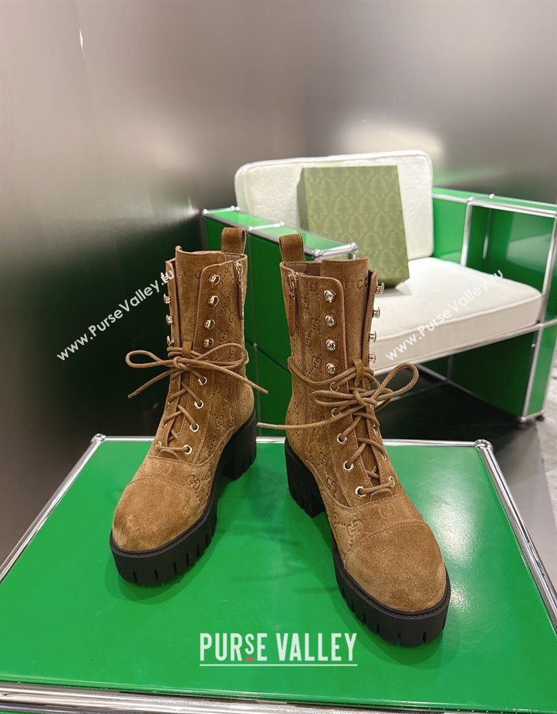 Gucci GG Suede Lace-up Platform Ankle Boots 6cm Light Brown 2025 840739 (MD-251218016)
