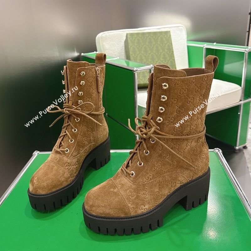 Gucci GG Suede Lace-up Platform Ankle Boots 6cm Light Brown 2025 840739 (MD-251218016)