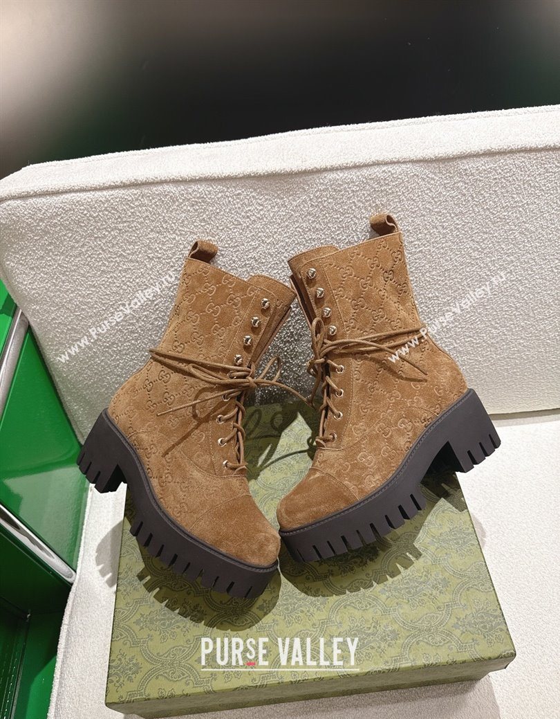 Gucci GG Suede Lace-up Platform Ankle Boots 6cm Light Brown 2025 840739 (MD-251218016)