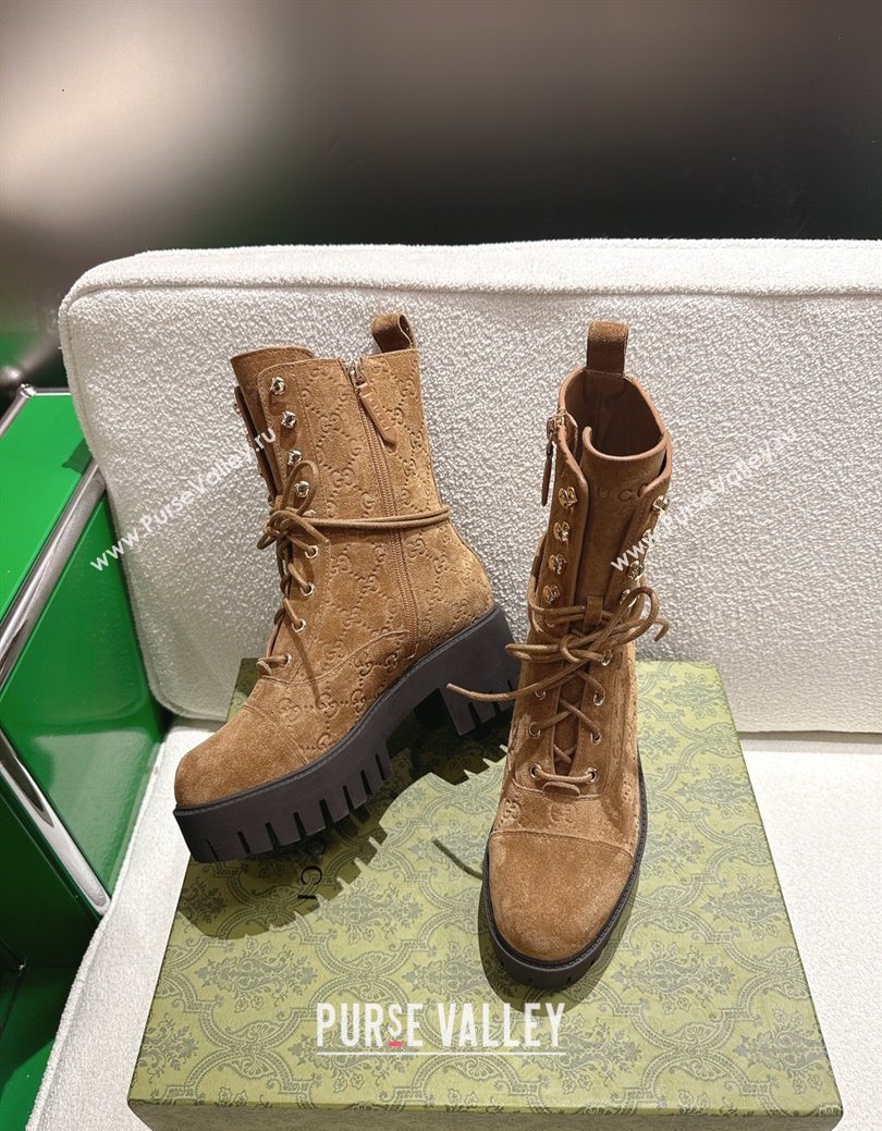 Gucci GG Suede Lace-up Platform Ankle Boots 6cm Light Brown 2025 840739 (MD-251218016)