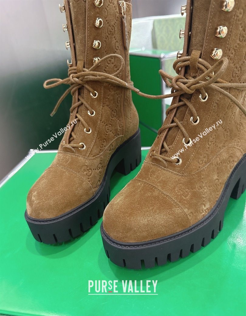 Gucci GG Suede Lace-up Platform Ankle Boots 6cm Light Brown 2025 840739 (MD-251218016)