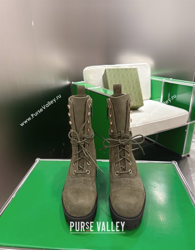 Gucci GG Suede Lace-up Platform Ankle Boots 6cm Green 2025 840739 (MD-251218017)