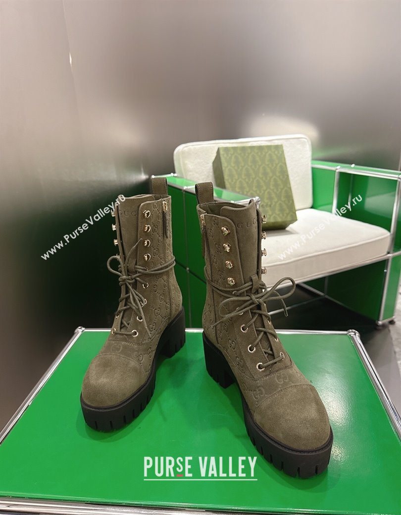 Gucci GG Suede Lace-up Platform Ankle Boots 6cm Green 2025 840739 (MD-251218017)