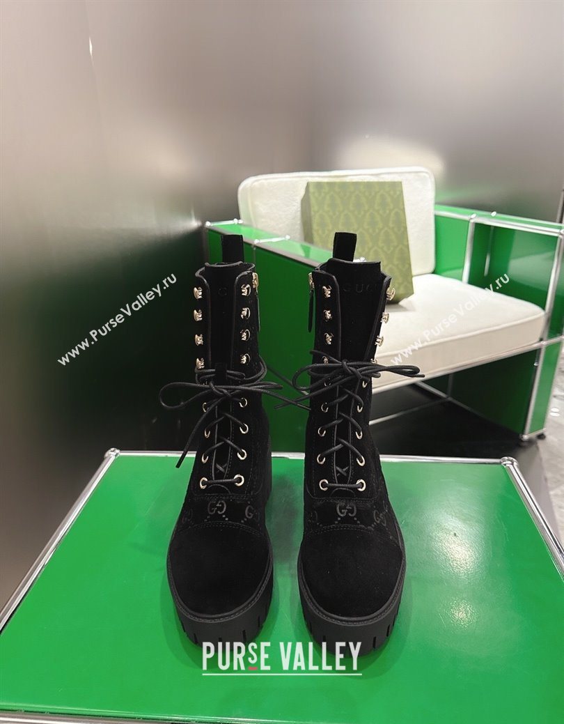 Gucci GG Suede Lace-up Platform Ankle Boots 6cm Black 2025 840739 (MD-251218014)