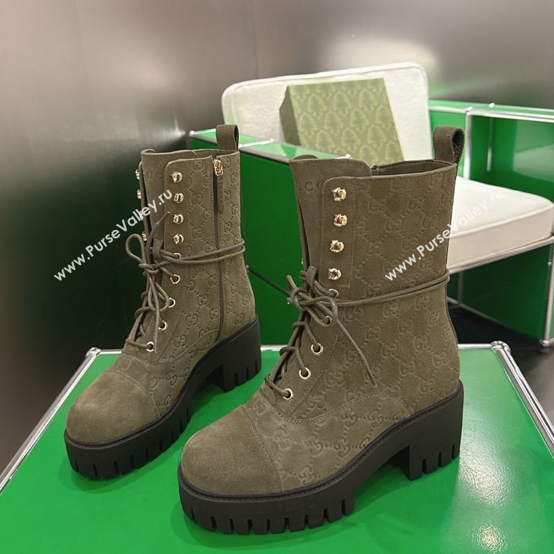 Gucci GG Suede Lace-up Platform Ankle Boots 6cm Green 2025 840739 (MD-251218017)