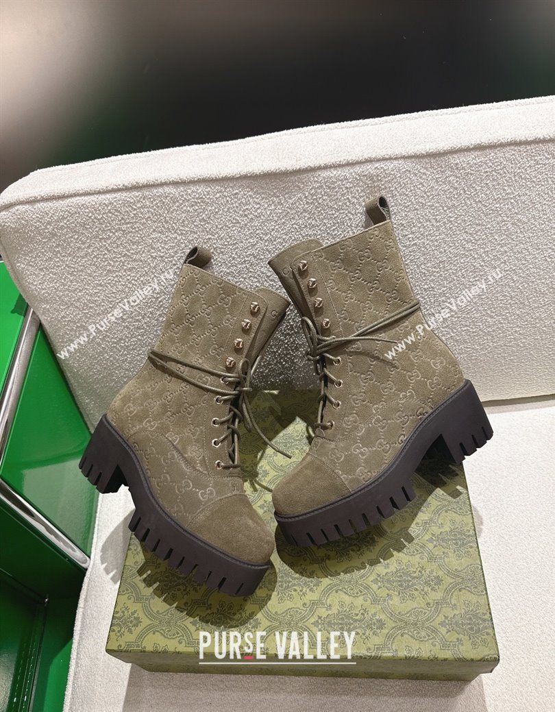 Gucci GG Suede Lace-up Platform Ankle Boots 6cm Green 2025 840739 (MD-251218017)