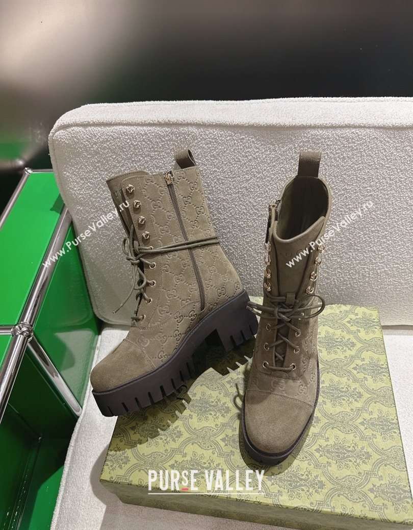 Gucci GG Suede Lace-up Platform Ankle Boots 6cm Green 2025 840739 (MD-251218017)