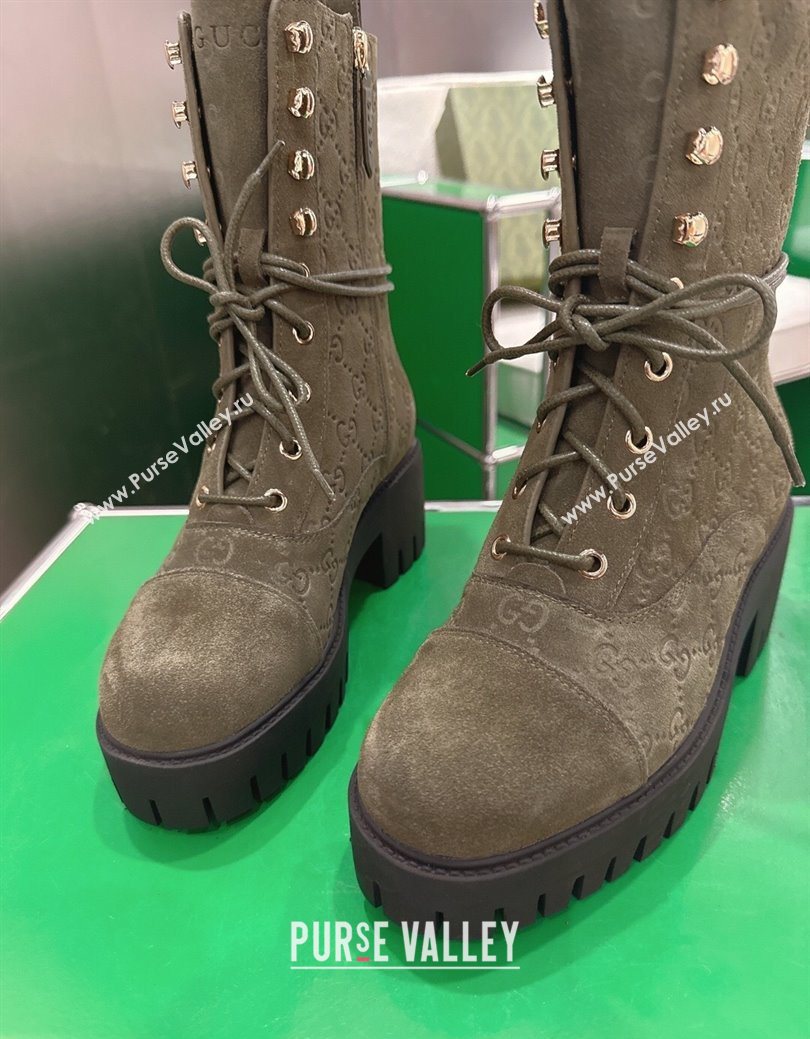 Gucci GG Suede Lace-up Platform Ankle Boots 6cm Green 2025 840739 (MD-251218017)