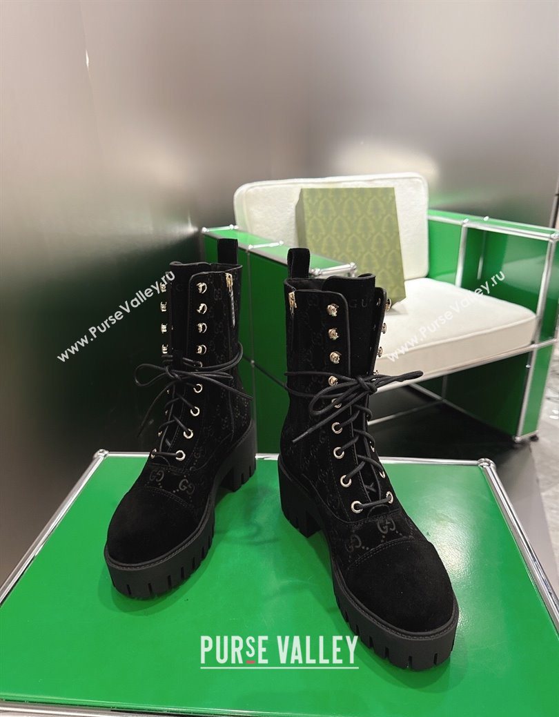 Gucci GG Suede Lace-up Platform Ankle Boots 6cm Black 2025 840739 (MD-251218014)