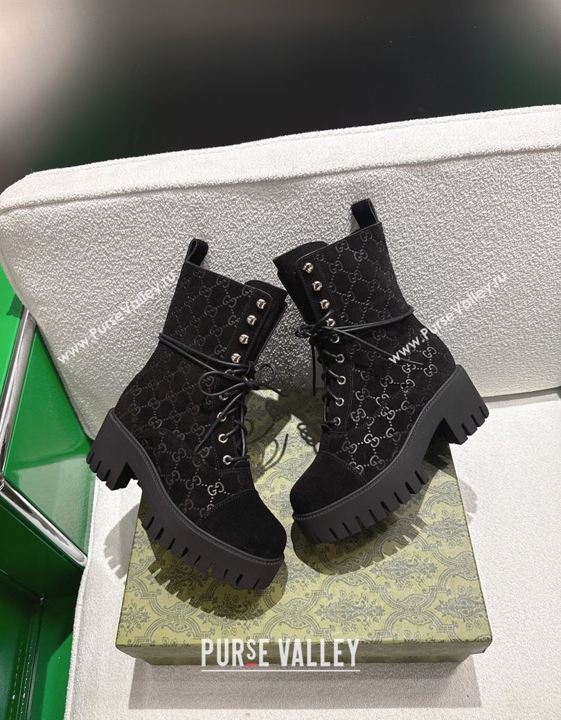 Gucci GG Suede Lace-up Platform Ankle Boots 6cm Black 2025 840739 (MD-251218014)