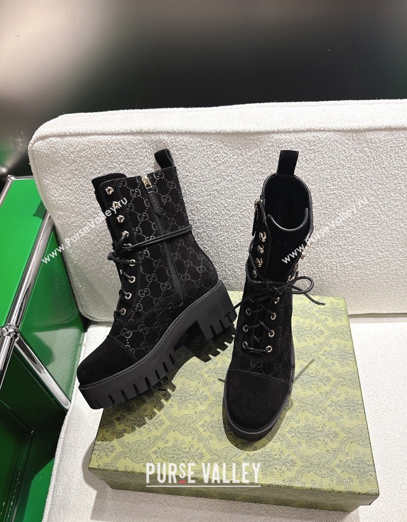 Gucci GG Suede Lace-up Platform Ankle Boots 6cm Black 2025 840739 (MD-251218014)
