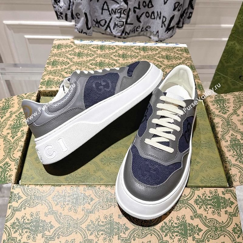 Gucci Mens Maxi-GG Canvas and Leather Platform Sneakers 4cm Blue/Grey 2025 676092 (MD-251219013)
