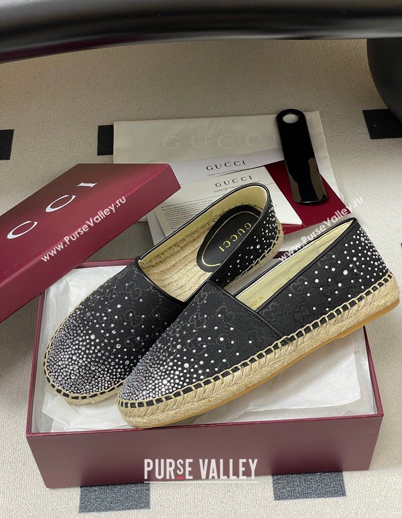 Gucci GG Canvas and Strass Flat Espadrilles Black 2025 GG121805 (MD-251219002)