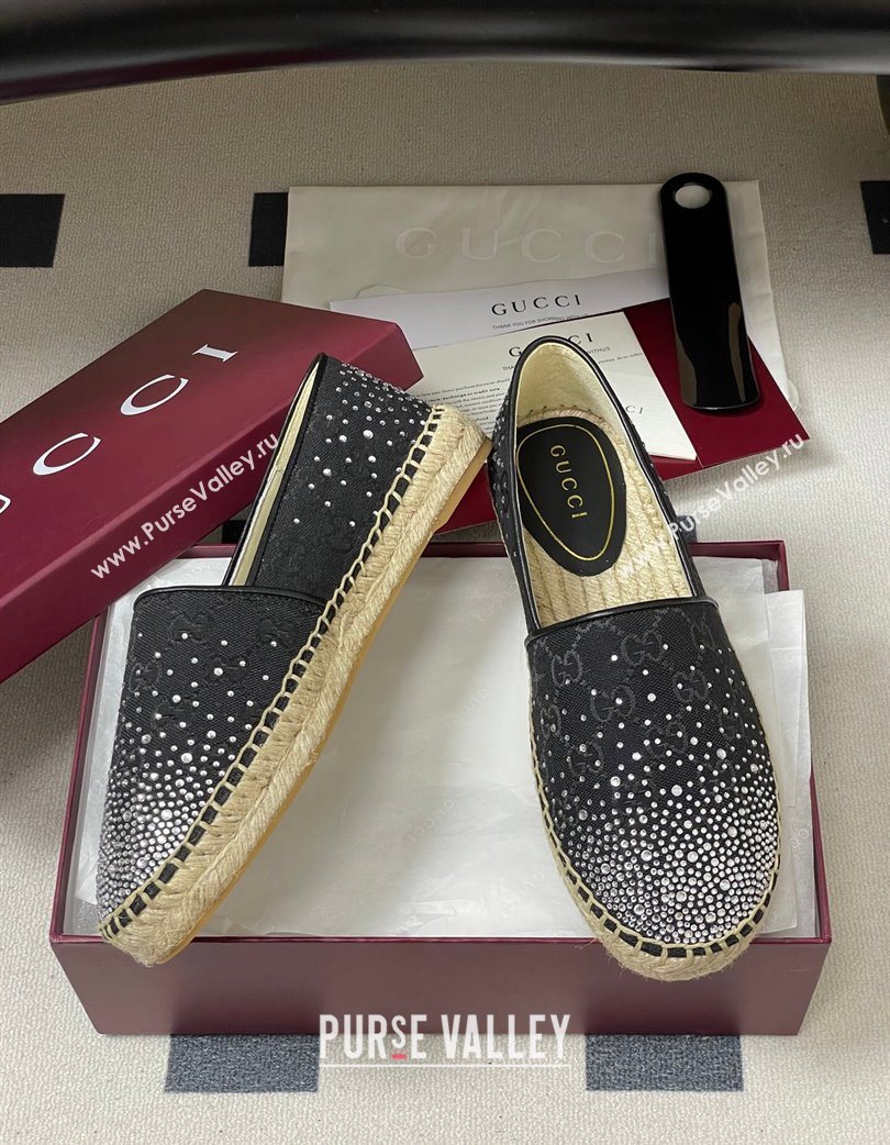 Gucci GG Canvas and Strass Flat Espadrilles Black 2025 GG121805 (MD-251219002)