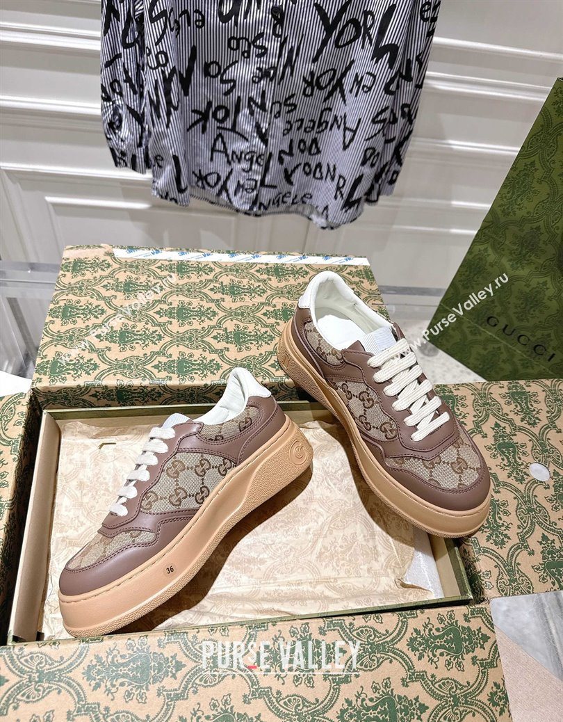 Gucci GG Canvas and Calf Leather Platform Sneakers 4cm Beige/Brown 2025 676092 (MD-251219019)