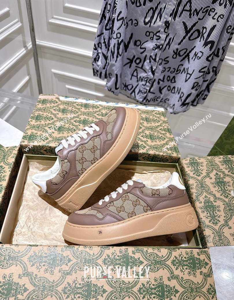 Gucci GG Canvas and Calf Leather Platform Sneakers 4cm Beige/Brown 2025 676092 (MD-251219019)