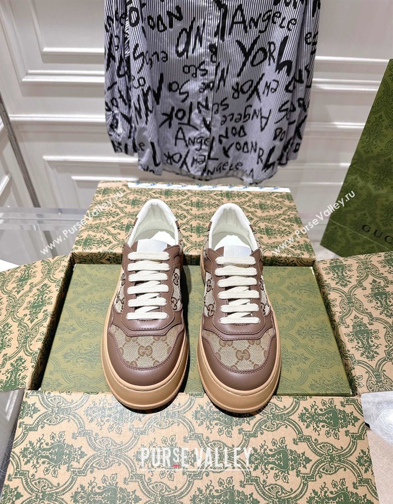Gucci GG Canvas and Calf Leather Platform Sneakers 4cm Beige/Brown 2025 676092 (MD-251219019)