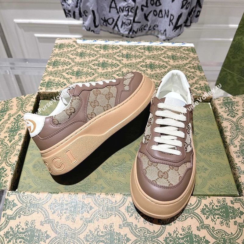 Gucci GG Canvas and Calf Leather Platform Sneakers 4cm Beige/Brown 2025 676092 (MD-251219019)